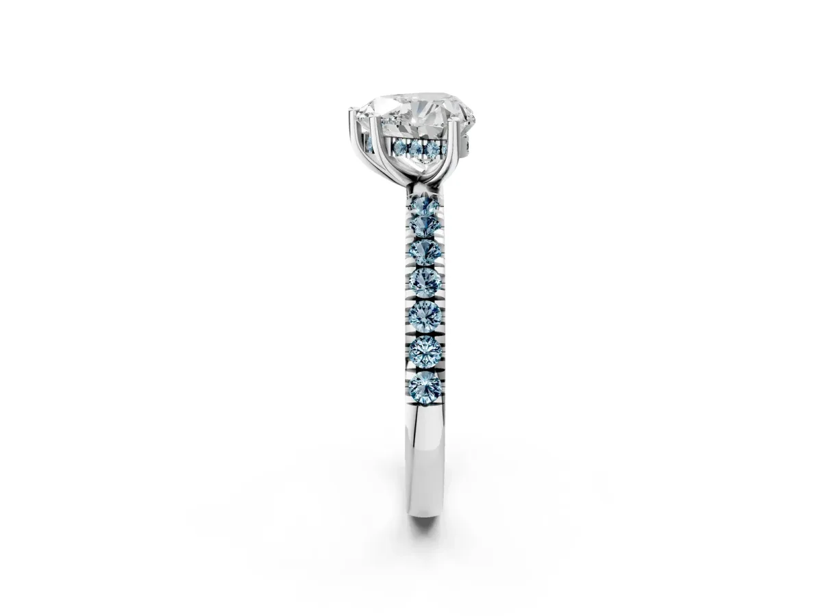 Heart Cut Diamond Pave Band Solitaire Ring with Round Aquamarine and Prong Setting Silver