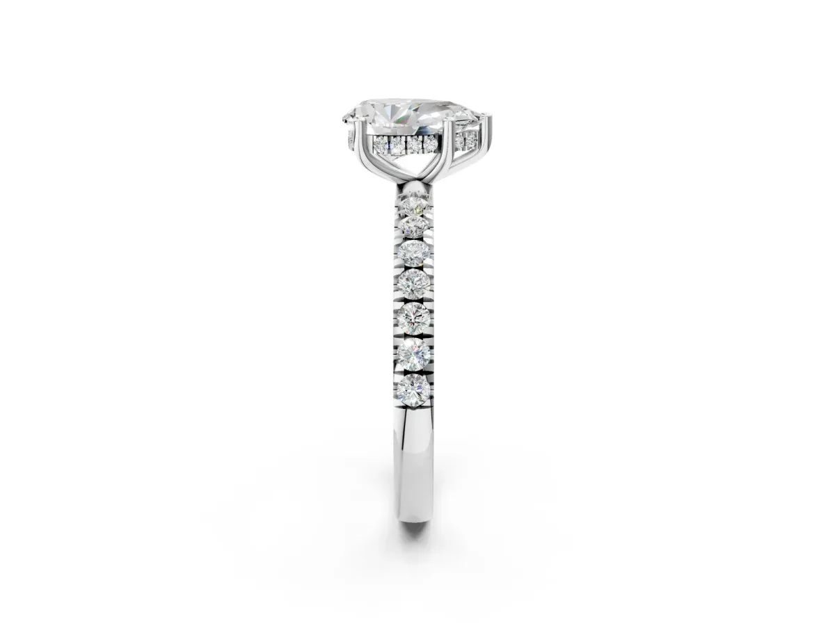 Pear Cut Diamond Pave Band Solitaire Ring with Round Moissanite and Prong Setting White gold