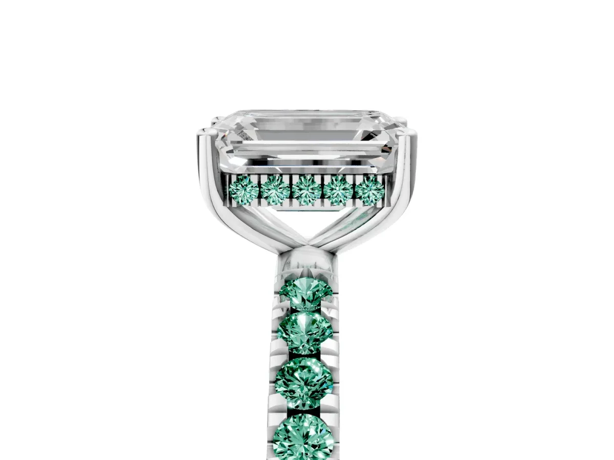 Emerald Cut Diamond Pave Band Solitaire Ring with Round Green Sapphire and Prong Setting Platinum