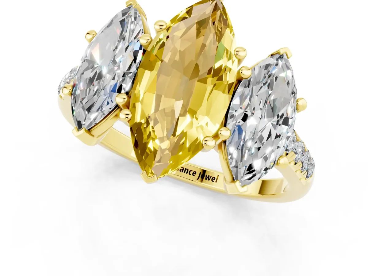 Three-Stone Marquise Cut Yellow Sapphire Ring with Round Pavé Band and Prong Setting Yellow gold
