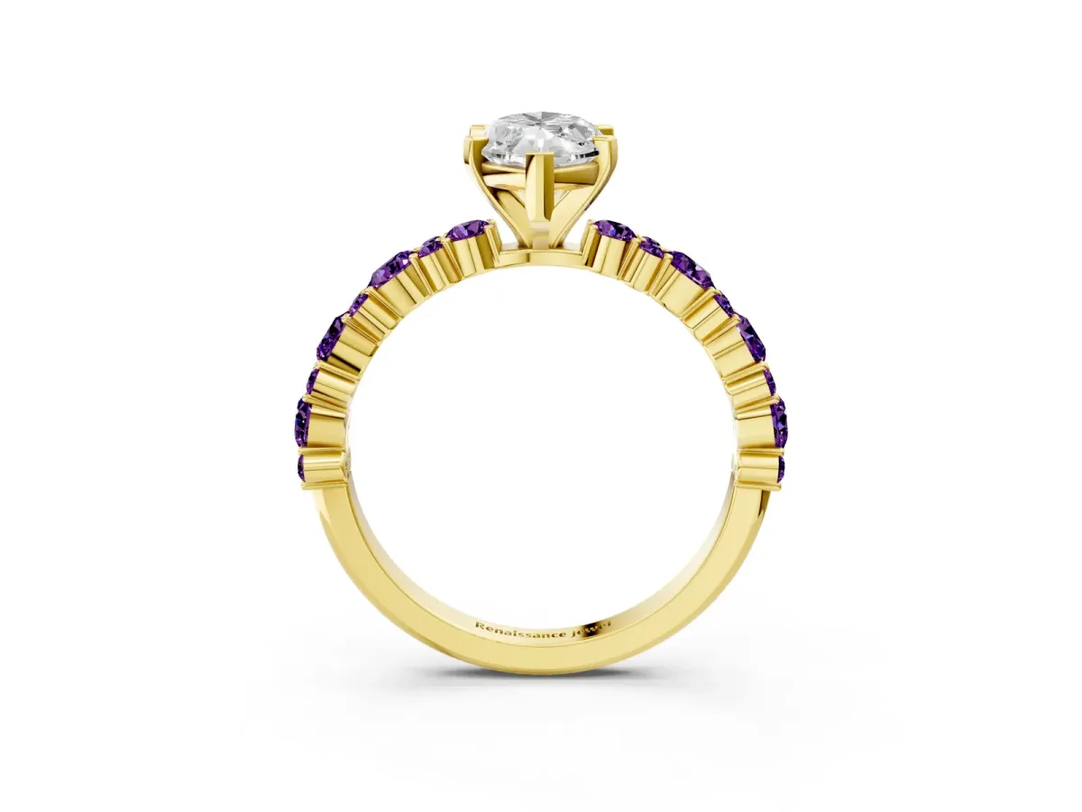 Marquise Cut Diamond Side Stone Solitaire Ring with Round Amethyst and Four-Prong Setting Yellow gold