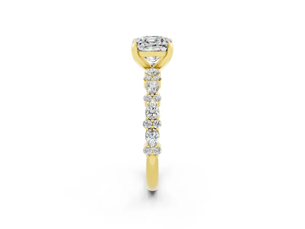 Cushion Cut Moissanite Side Stone Solitaire Ring with Round and Four-Prong Setting Yellow gold