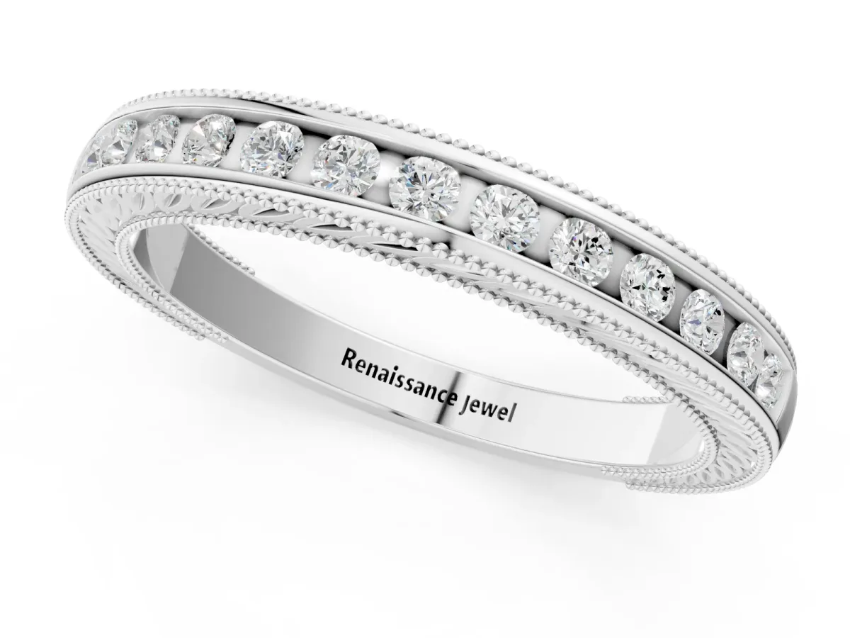 Channel Set Round Diamond Milgrain Edge Wedding Band White gold