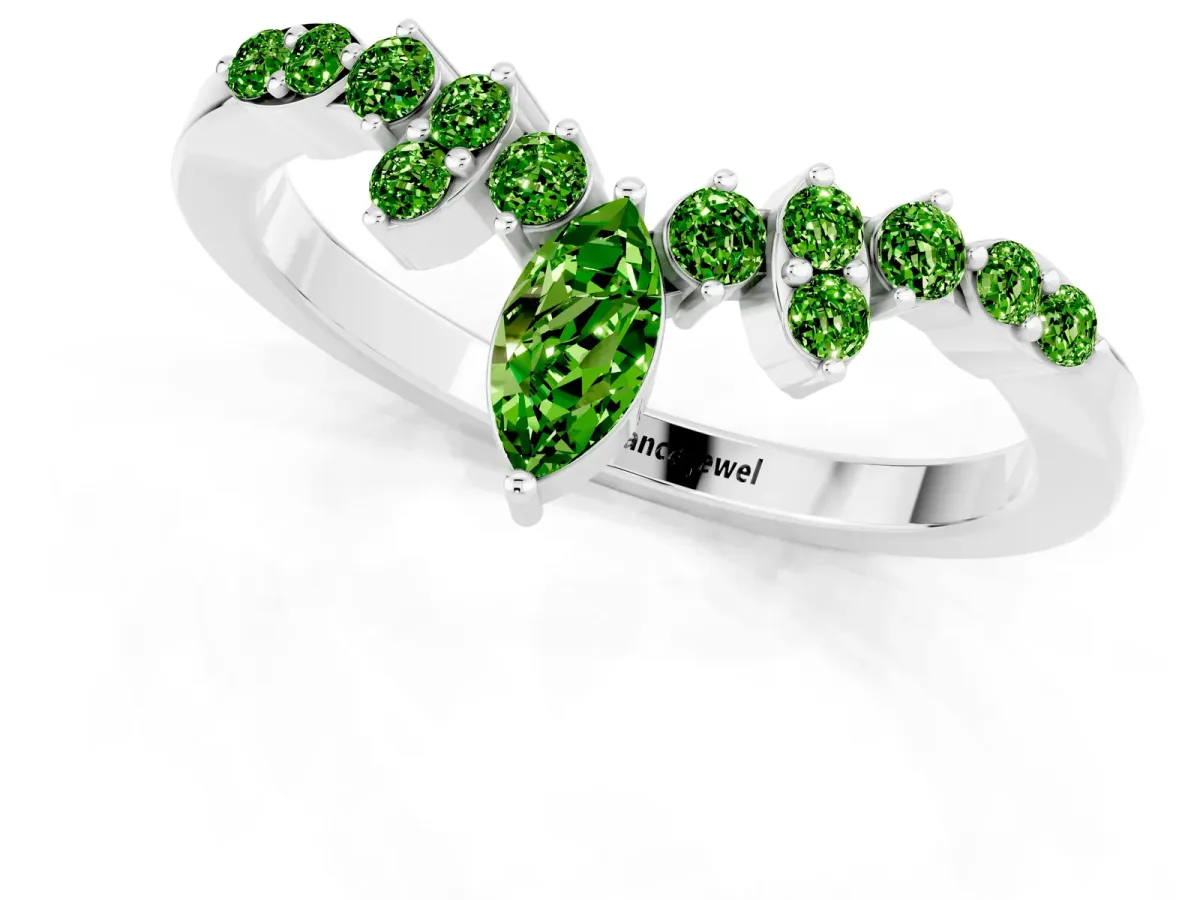 Marquise and Round Peridot Chevron Band with Prong Setting White gold