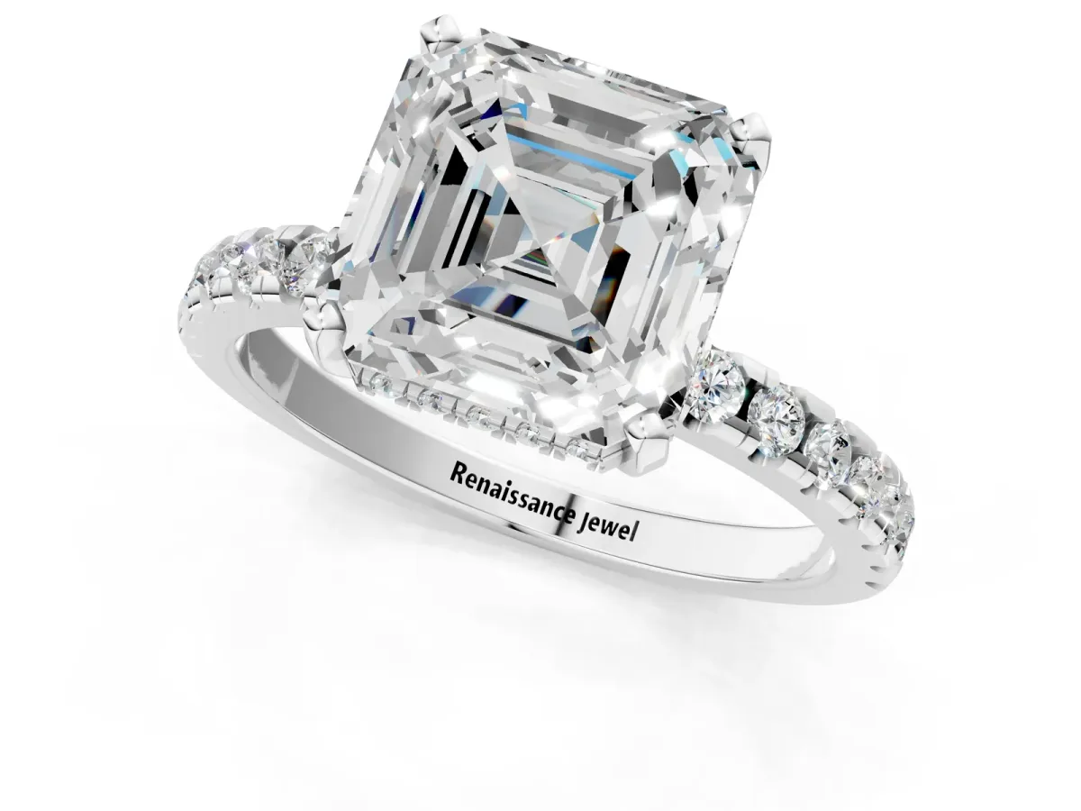 Asscher Cut Diamond Solitaire Ring with Round Pavé Band and Four-Prong Setting Platinum