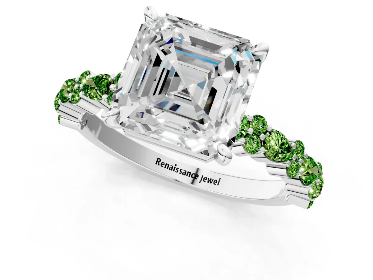 Asscher Cut Diamond Side Stone Solitaire Ring with Round Peridot and Four-Prong Setting Platinum