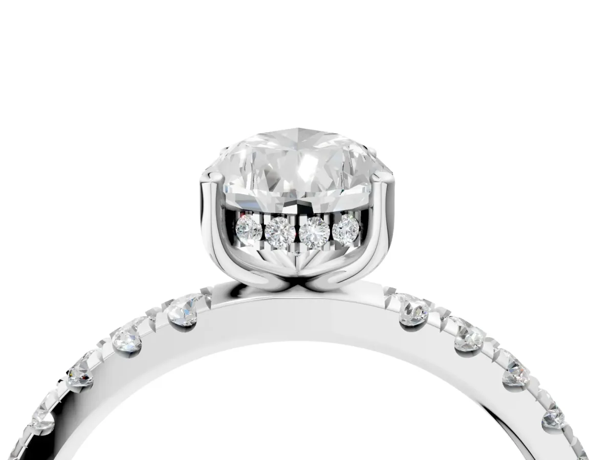 Pear Cut Diamond Pave Band Solitaire Ring with Round Moissanite and Prong Setting White gold