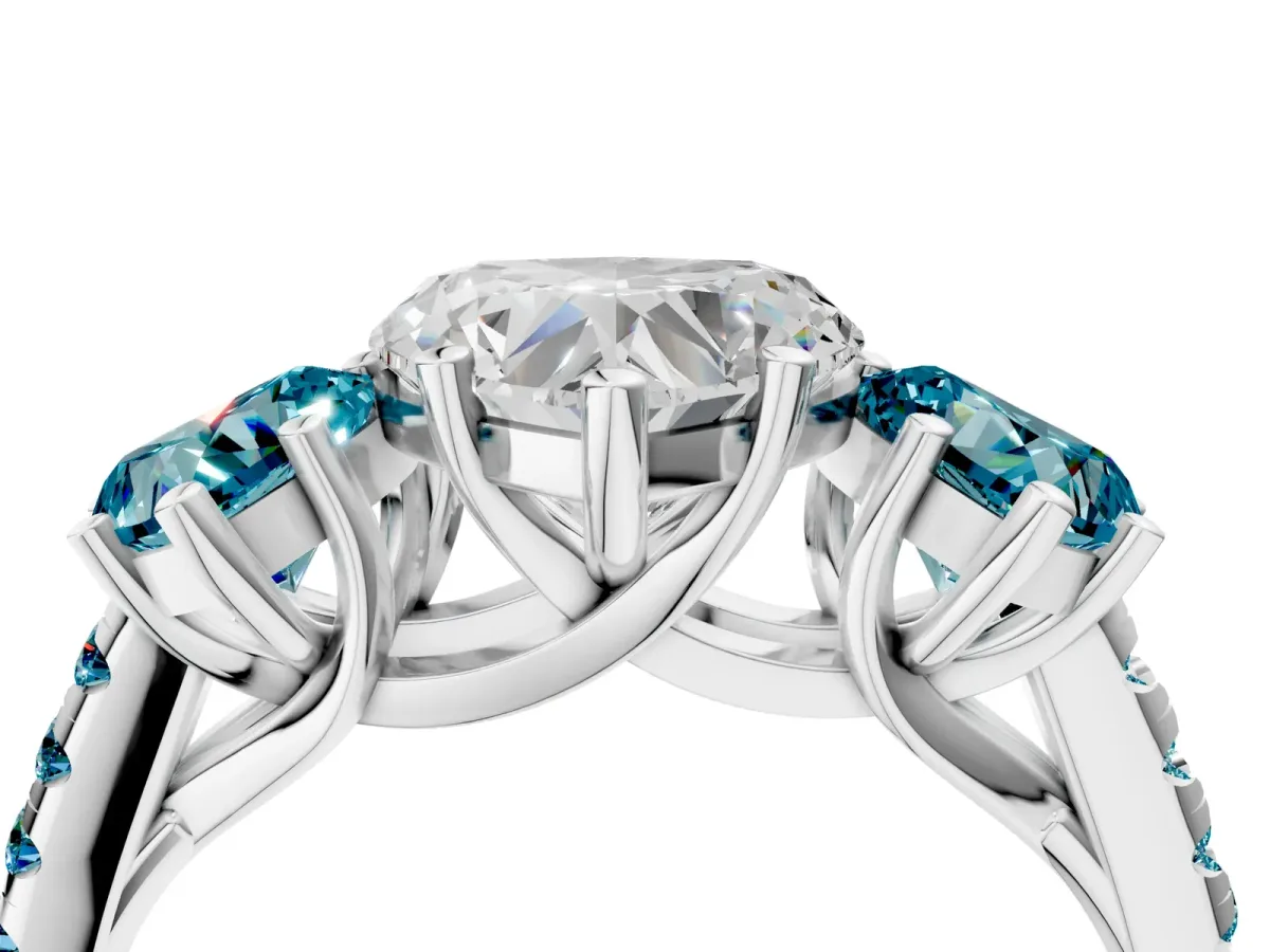 Three-Stone Heart Cut Diamond Ring with Round Blue Topaz Pavé Band and Prong Setting Silver