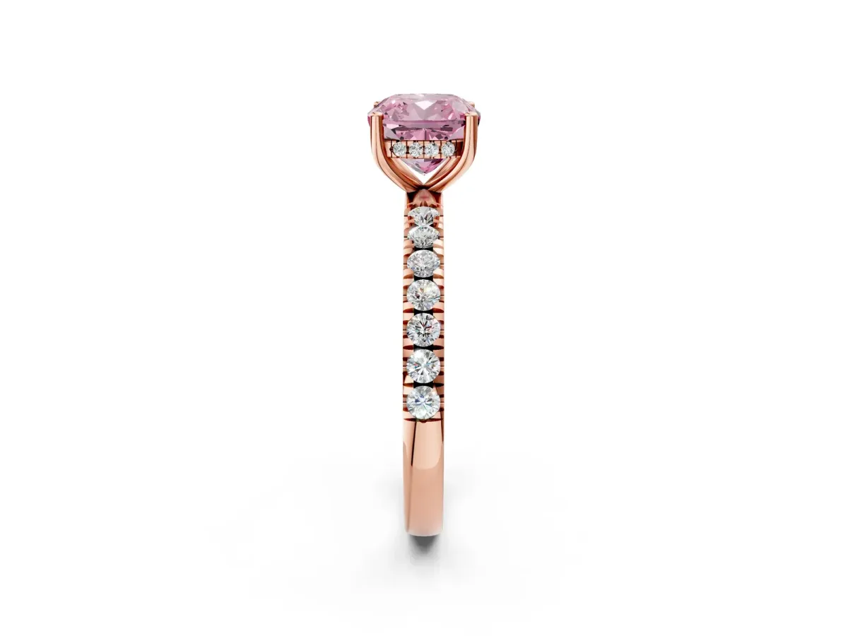 Fancy Pink Cushion Cut Diamond Pave Band Solitaire Ring with Round and Prong Setting Rose gold