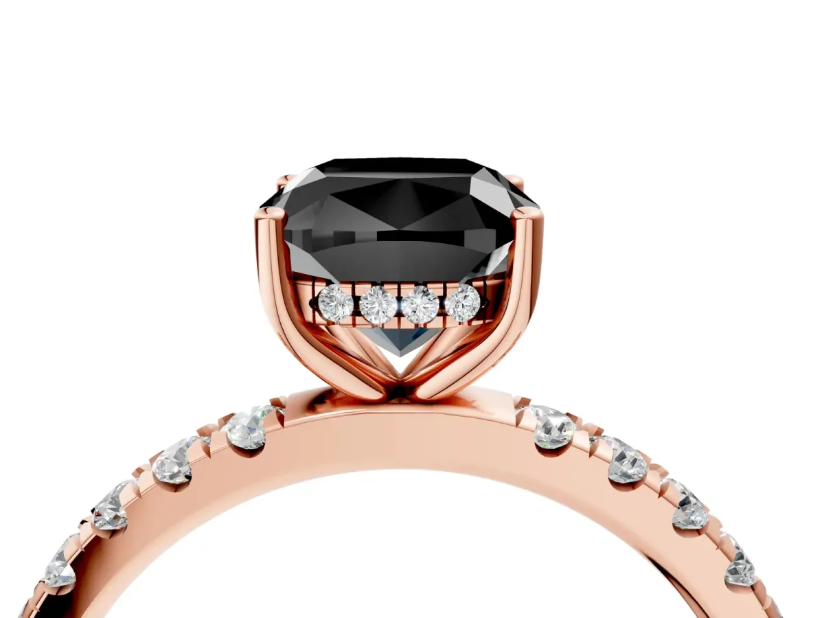 Fancy Black Cushion Cut Diamond Pave Band Solitaire Ring with Round and Prong Setting Rose gold