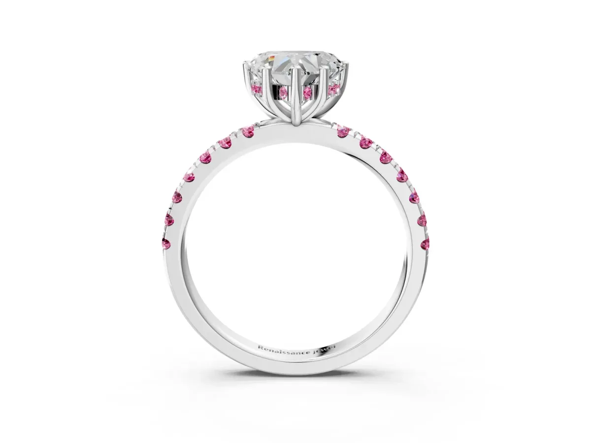 Heart Cut Diamond Pave Band Solitaire Ring with Round Pink Sapphire and Prong Setting Platinum