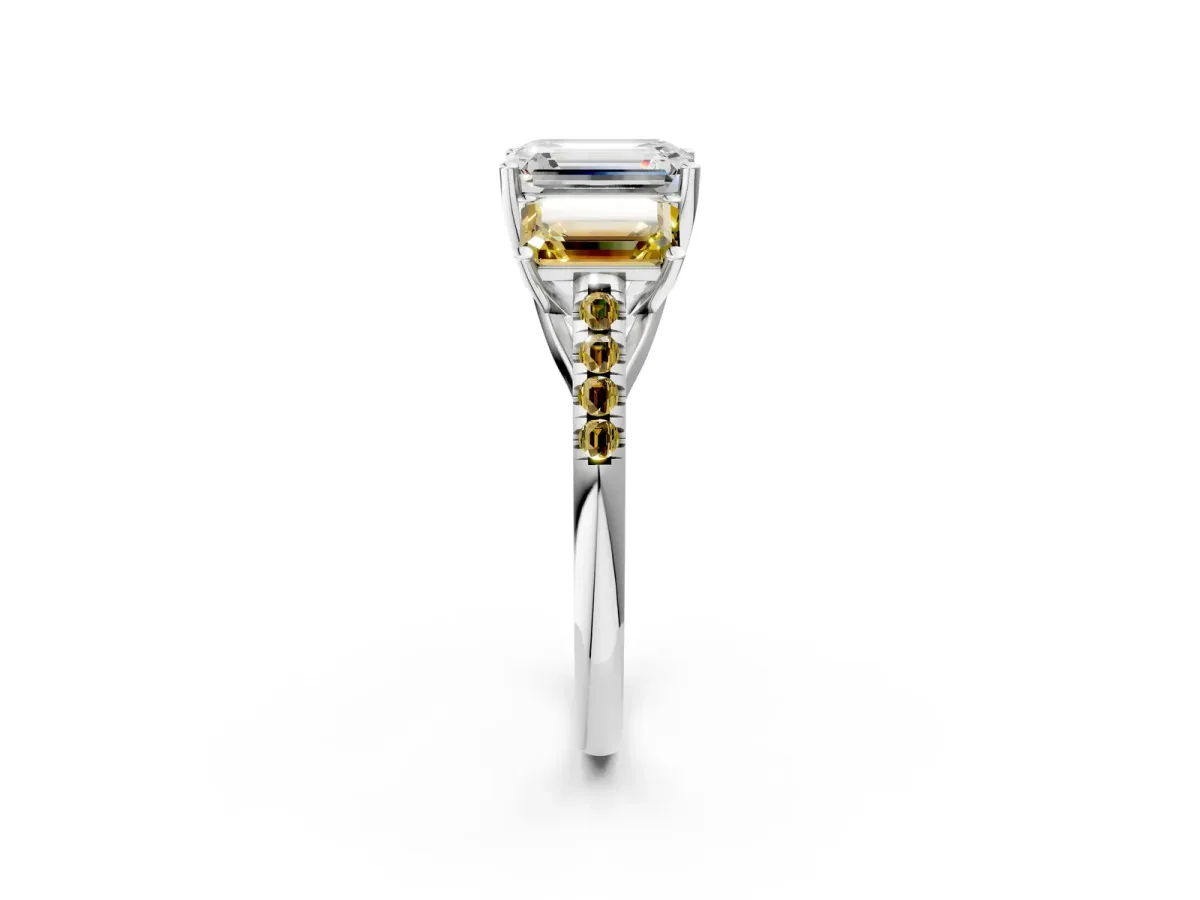 Three-Stone Emerald Cut Diamond Ring with Round Yellow Sapphire Pavé Band and Prong Setting Silver