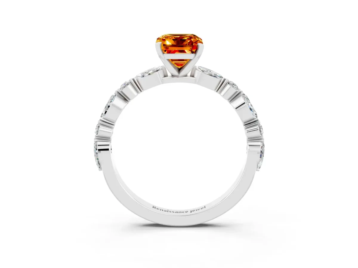Emerald Cut Citrine Ring with Marquise and Round Side Stones and Four-Prong Setting Silver