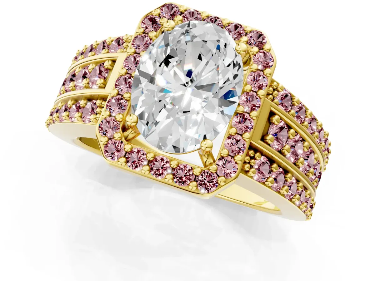Oval Cut Halo Diamond Ring with Round Morganite Split Shank and Prong Setting Yellow gold