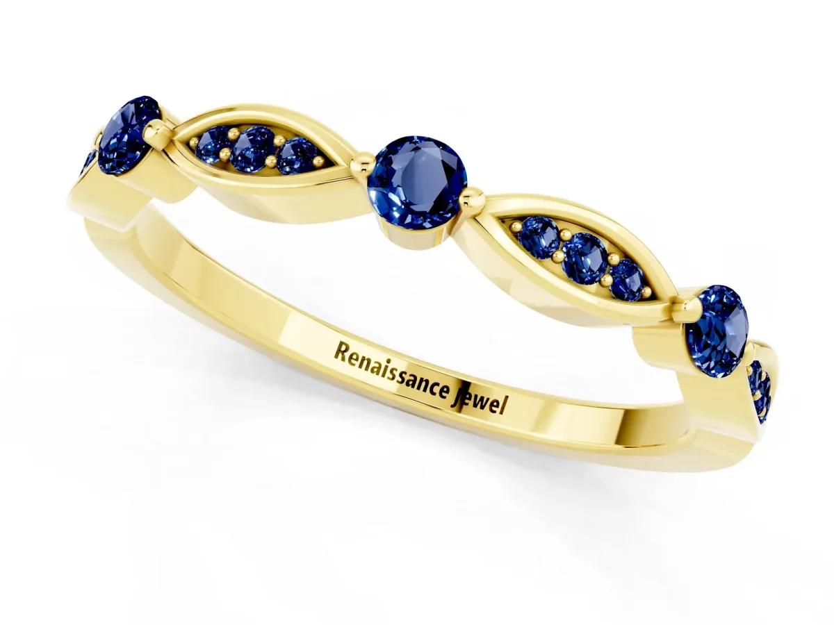Marquise and Round Blue Sapphire Milgrain Band with Bezel Setting Yellow gold