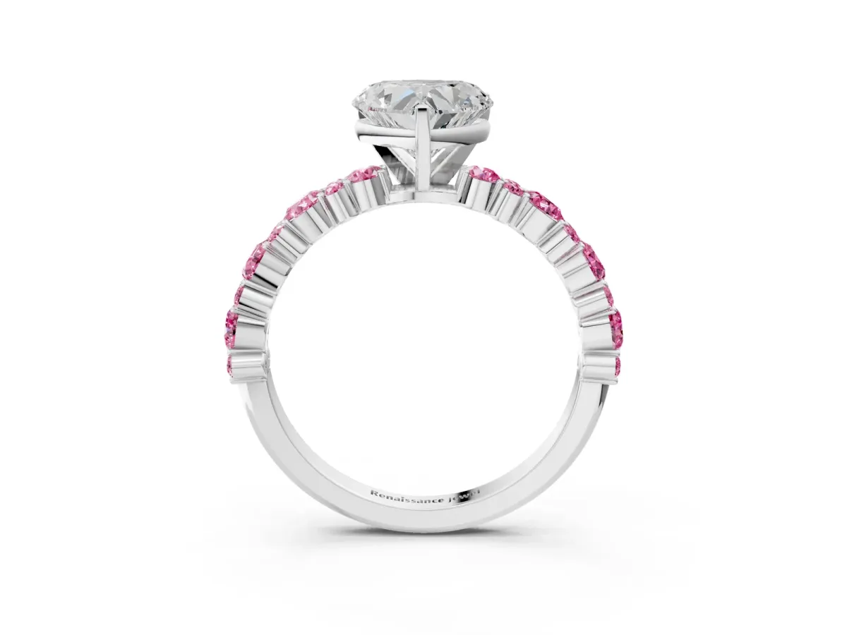Heart Cut Diamond Side Stone Solitaire Ring with Round Pink Sapphire and Four-Prong Setting Platinum