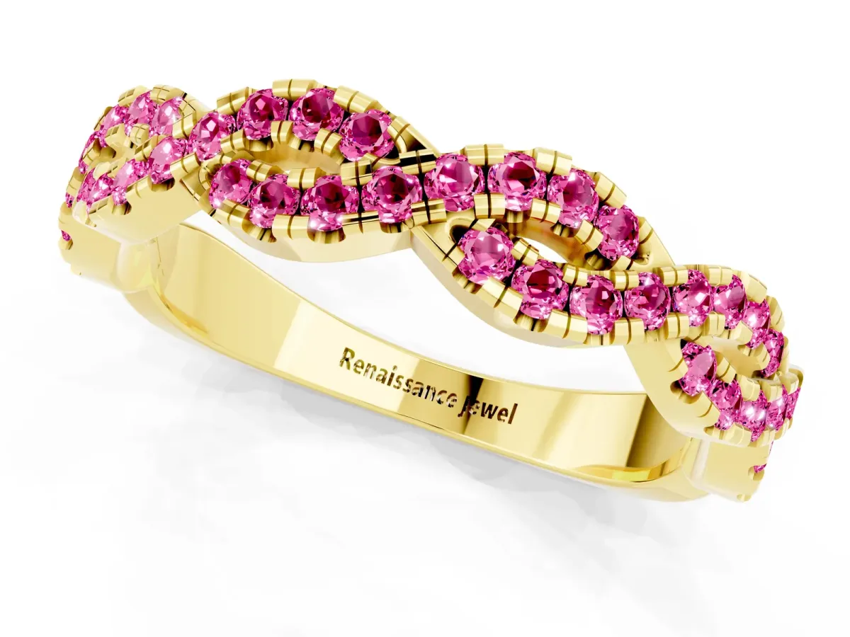 Round Pink Sapphire Twisted Eternity Band with Pavé and Shared Prong Setting Yellow gold