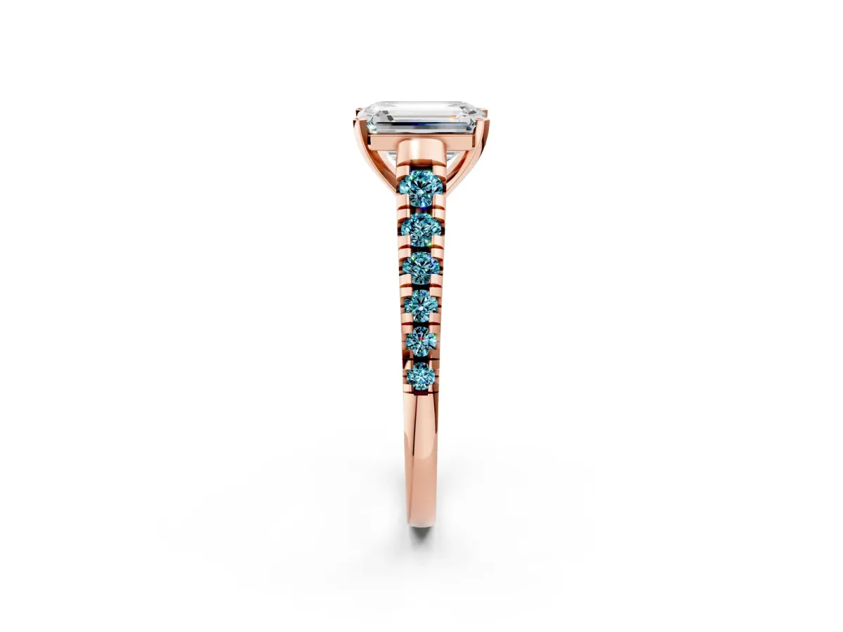 Emerald Cut Diamond Cathedral Solitaire Ring with Round Blue Topaz Pavé Band Rose gold