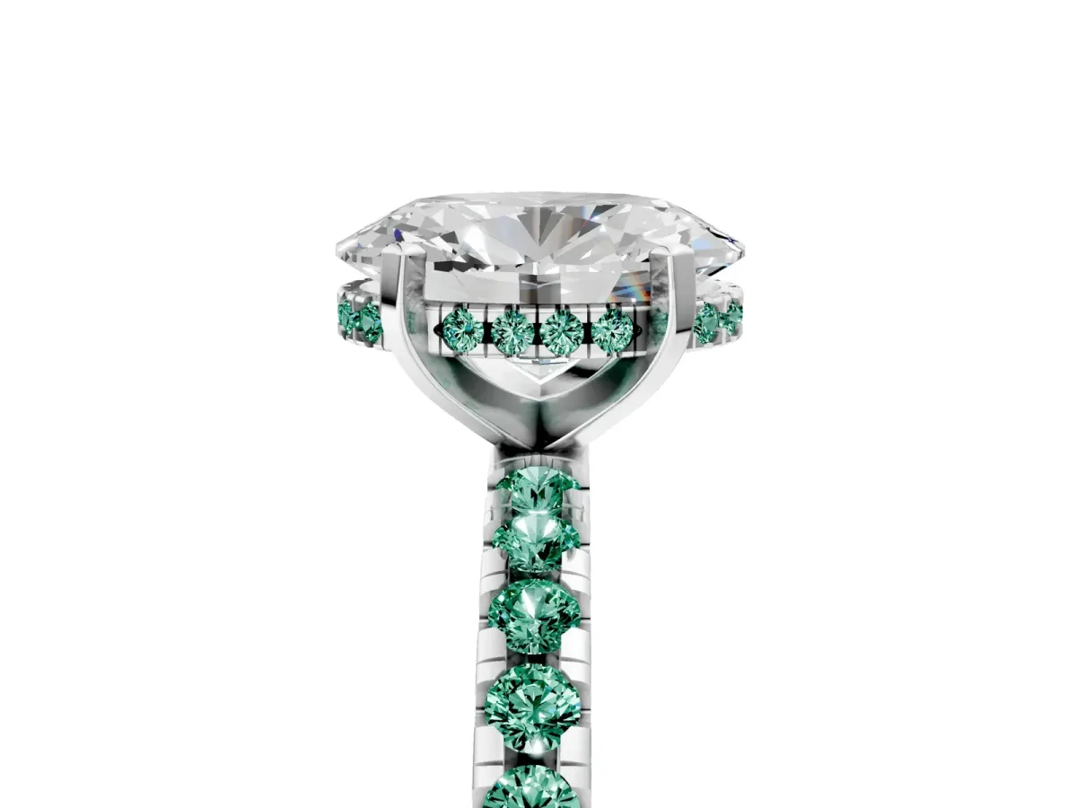 Oval Cut Diamond Solitaire Ring with Round Green Sapphire Pavé Band and Four-Prong Setting Silver