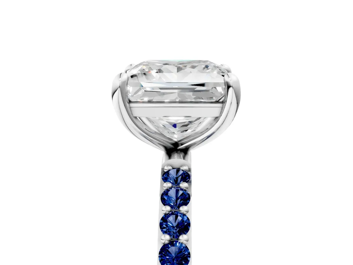 Princess Cut Diamond Solitaire Ring with Round Blue Sapphire Pavé Band and Prong Setting Silver