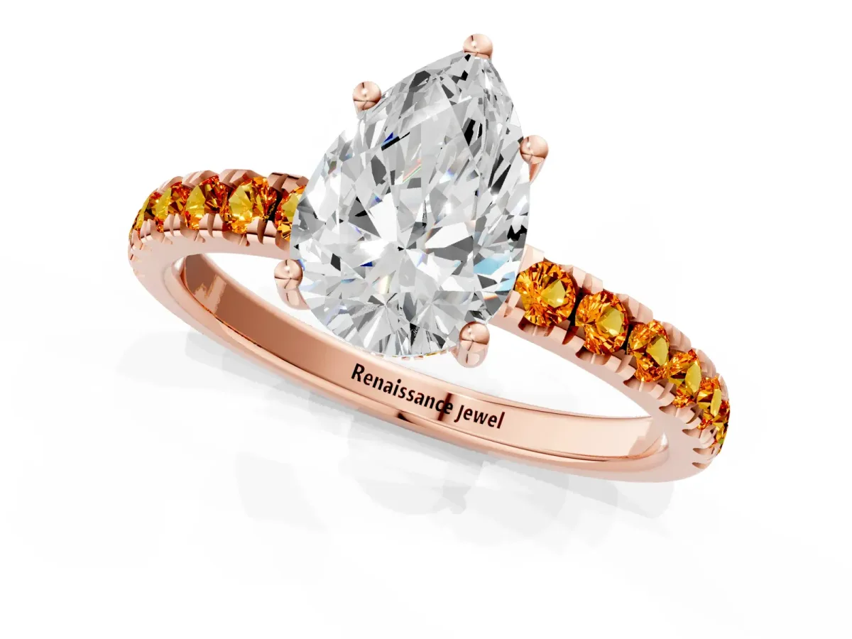 Pear Cut Diamond Pave Band Solitaire Ring with Round Citrine and Prong Setting Rose gold