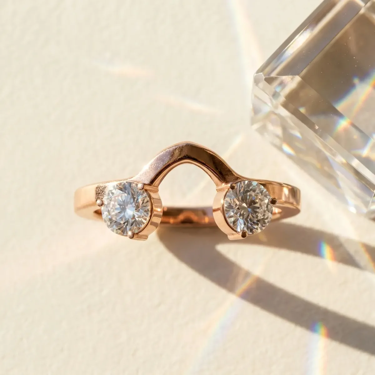Dual Round Diamond Open Band Ring with Prong Setting Rose gold