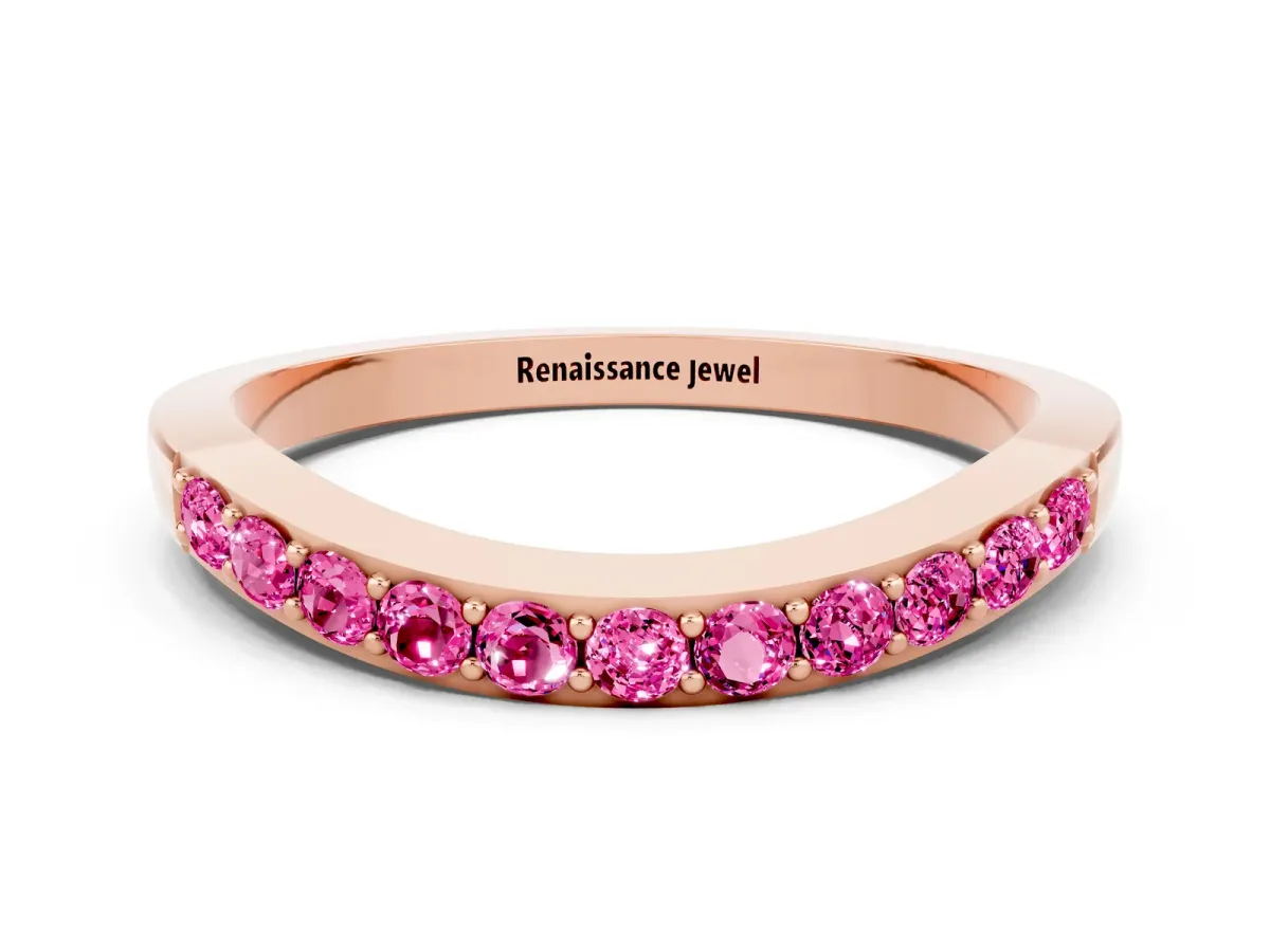 Round Pink Sapphire Curved Wedding Band with Channel Setting Rose gold