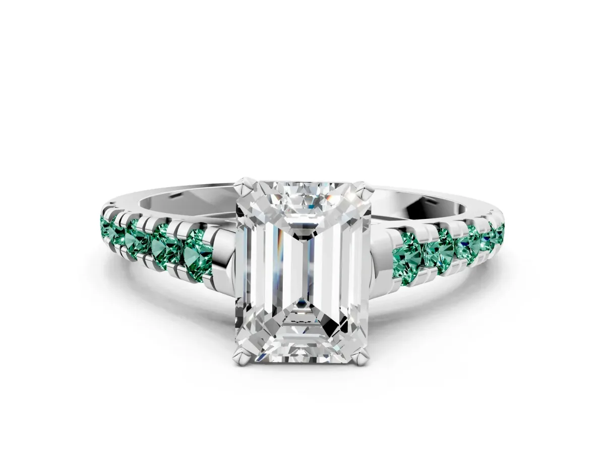 Emerald Cut Diamond Cathedral Solitaire Ring with Round Green Sapphire Pavé Band Silver