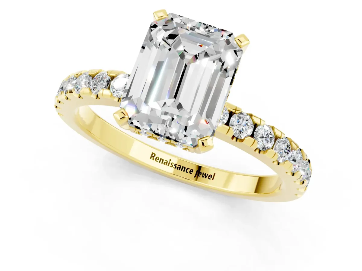 Emerald Cut Moissanite Solitaire Ring with Round Pavé Band and Four-Prong Setting Yellow gold