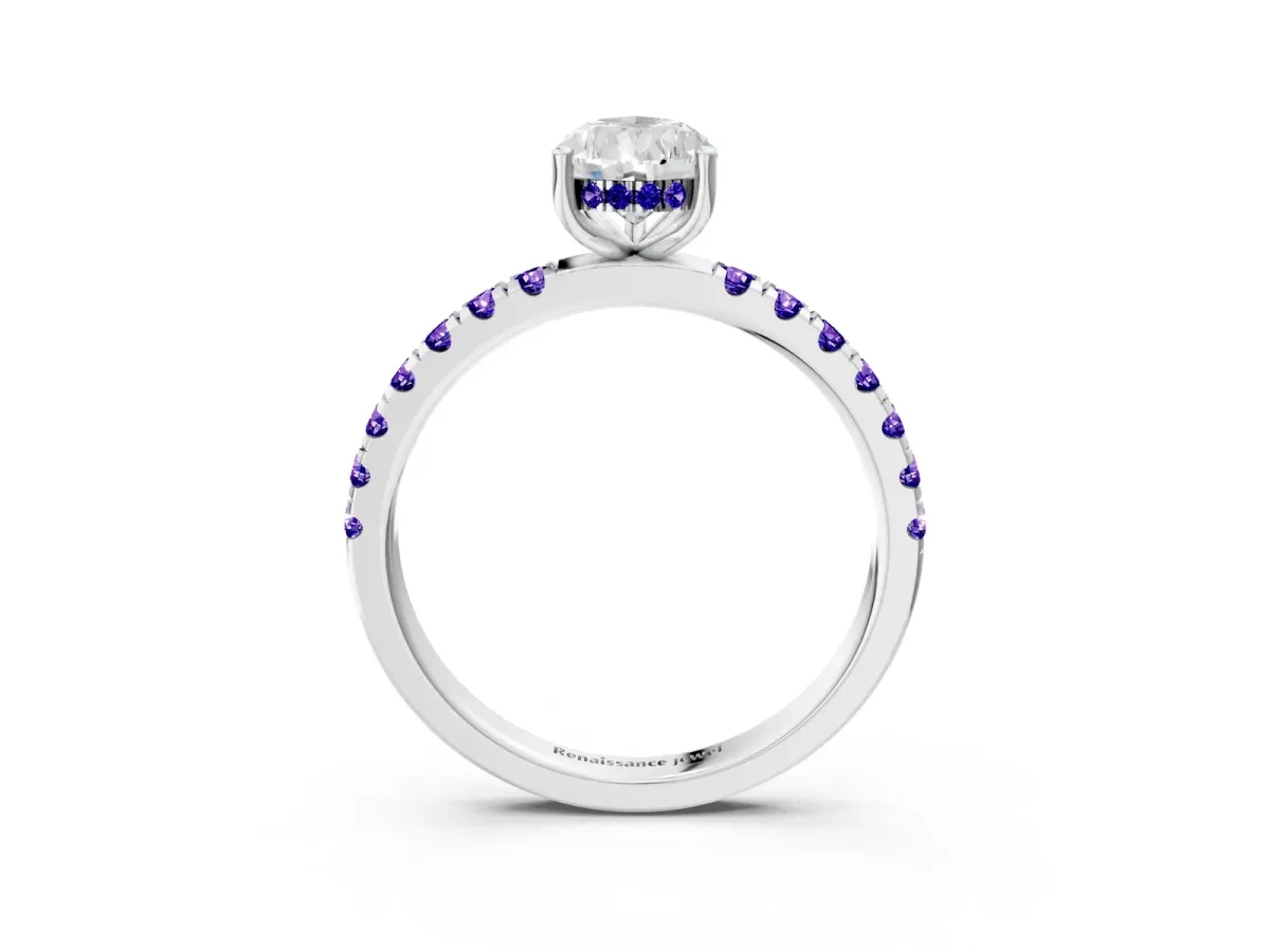 Pear Cut Diamond Pave Band Solitaire Ring with Round Tanzanite and Prong Setting Platinum
