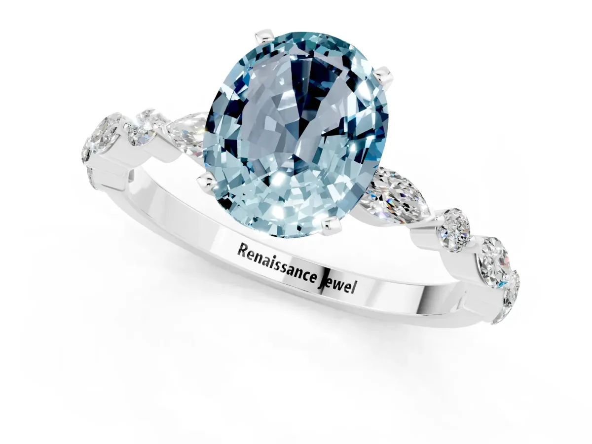 Oval Cut Aquamarine Ring with Marquise and Round Side Stones and Four-Prong Setting Silver