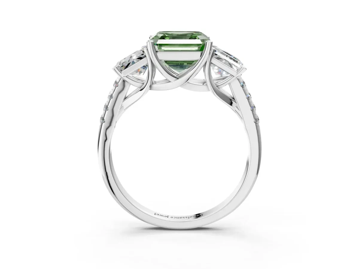 Fancy Green Three-Stone Asscher Cut Diamond Ring with Round Pavé Band and Prong Setting White gold