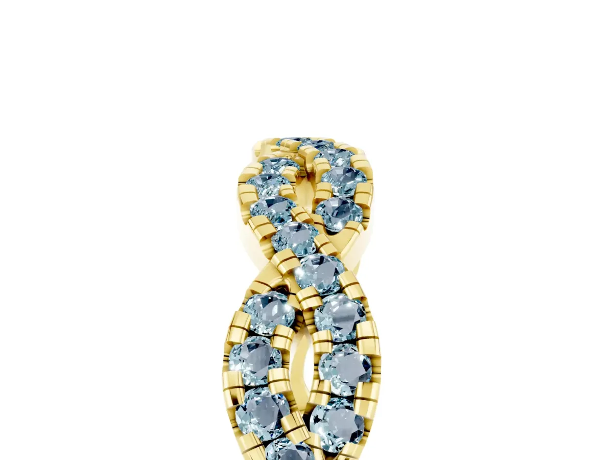 Round Aquamarine Twisted Eternity Band with Pavé and Shared Prong Setting Yellow gold