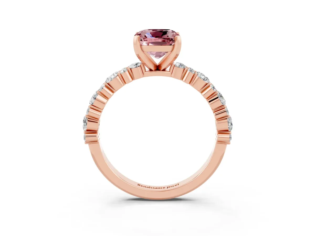 Cushion Cut Morganite Side Stone Solitaire Ring with Round and Four-Prong Setting Rose gold