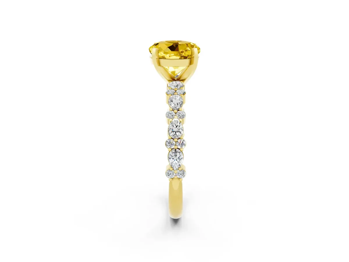 Round Cut Yellow Sapphire Side Stone Solitaire Ring with Round and Four-Prong Setting Yellow gold