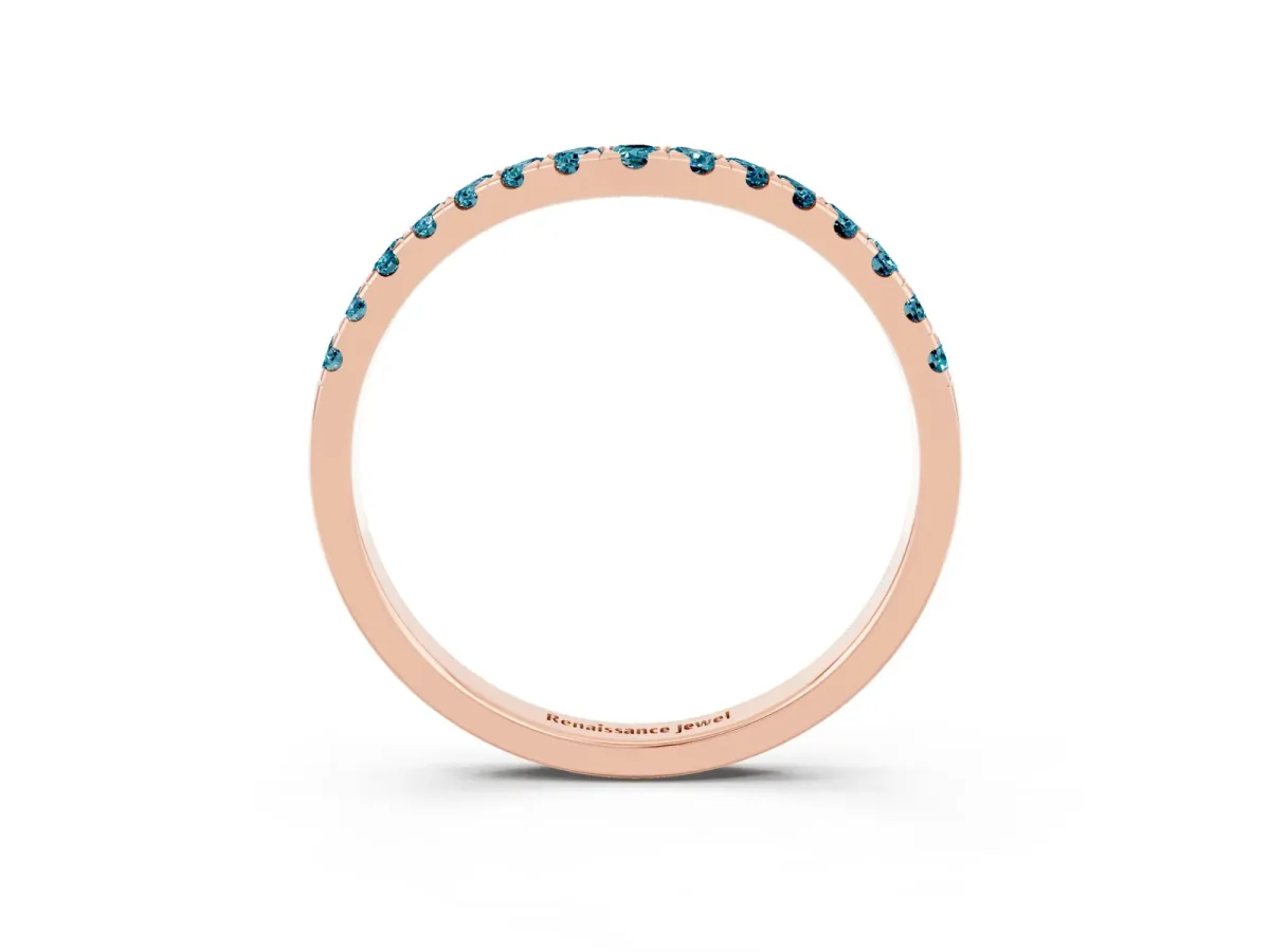 Curved Pavé Round Blue Topaz Wedding Band with Shared Prong Setting Rose gold