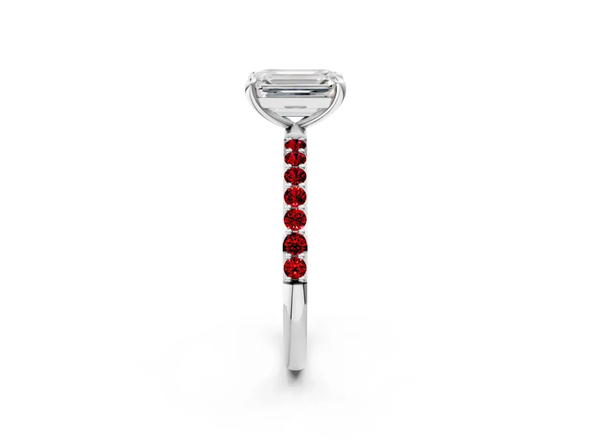 Emerald Cut Diamond Solitaire Ring with Round Ruby Pavé Band and Prong Setting Silver