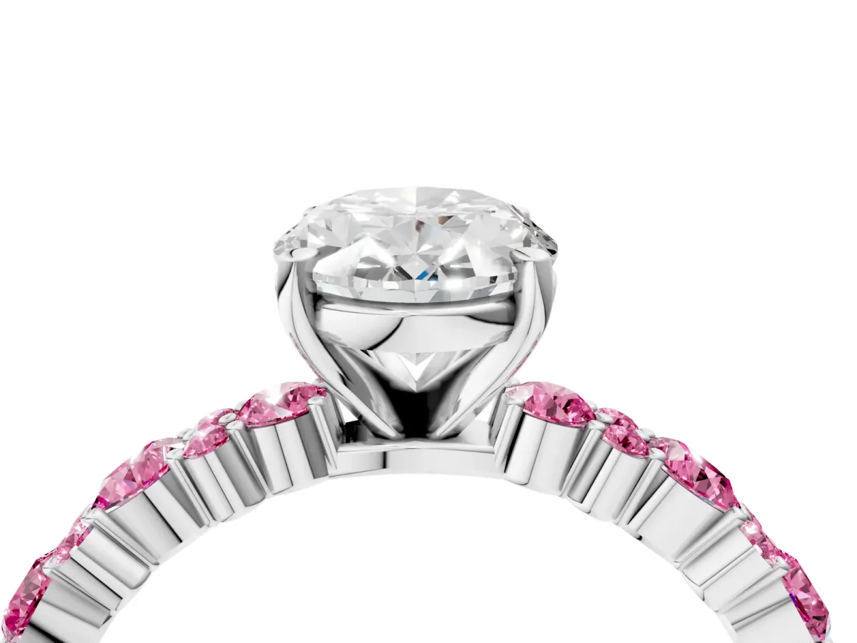 Oval Cut Diamond Side Stone Solitaire Ring with Round Pink Sapphire and Four-Prong Setting White gold