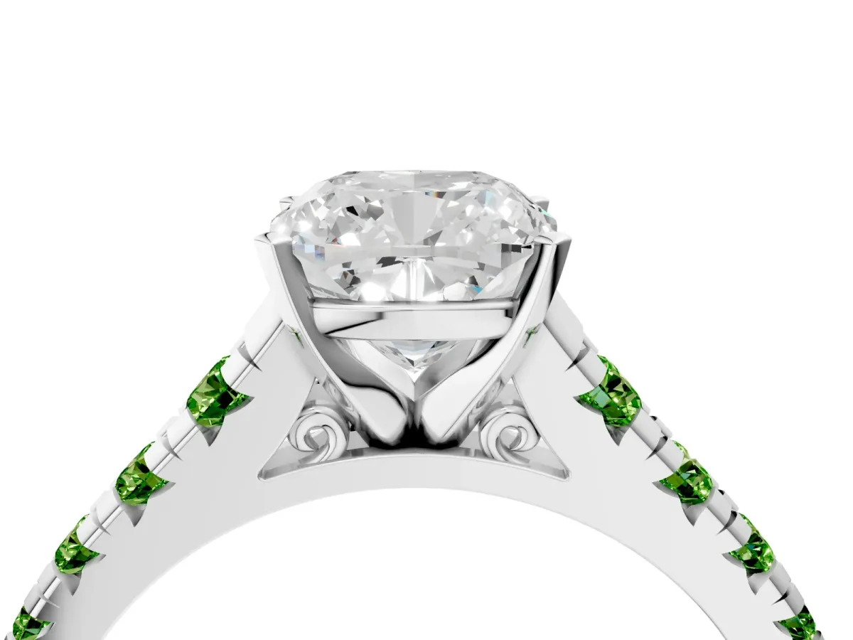 Cushion Cut Diamond Cathedral Solitaire Ring with Round Peridot Pavé Band Silver