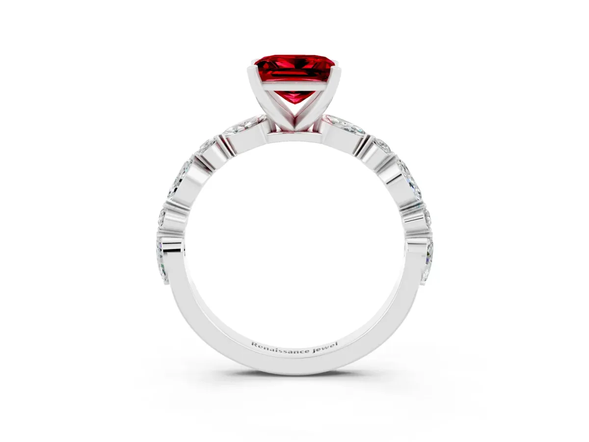 Princess Cut Ruby Ring with Marquise and Round Side Stones and Four-Prong Setting Silver