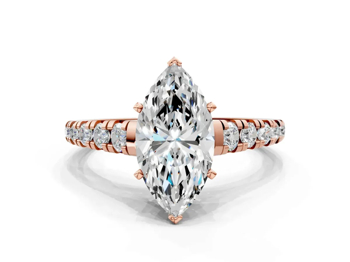 Marquise Cut Diamond Cathedral Solitaire Ring with Round Pavé Band Rose gold