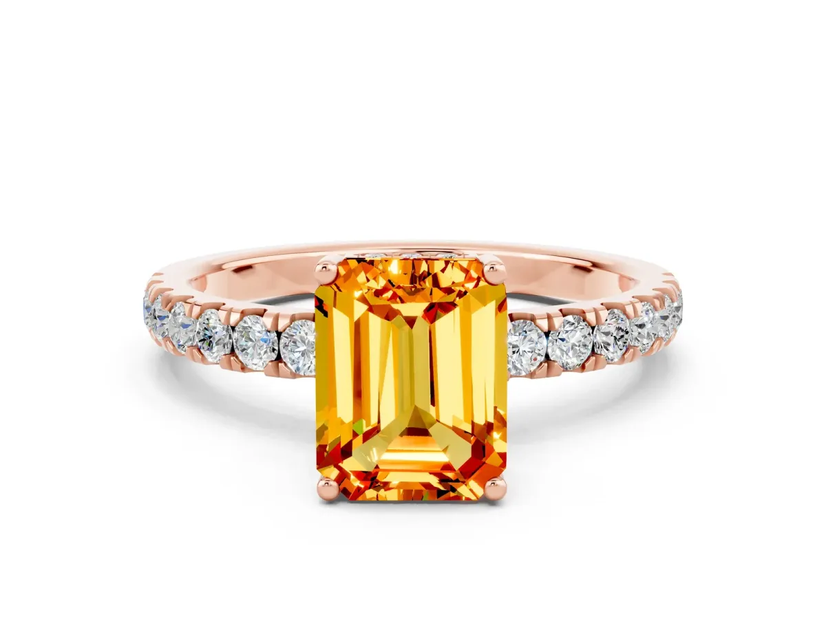 Emerald Cut Citrine Pave Band Solitaire Ring with Round and Prong Setting Rose gold