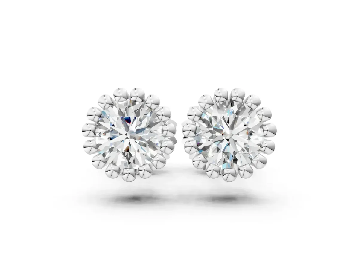 Round Diamond Flower Halo Stud Earrings with Petal Prong Setting Silver