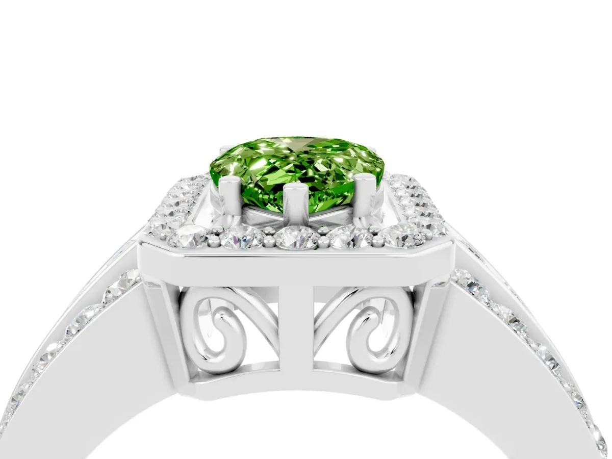 Pear Cut Halo Peridot Ring with Round Split Shank and Prong Setting Silver