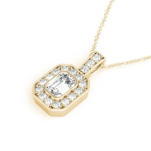 Emerald Cut Halo Pendant with Milgrain Detail Yellow gold