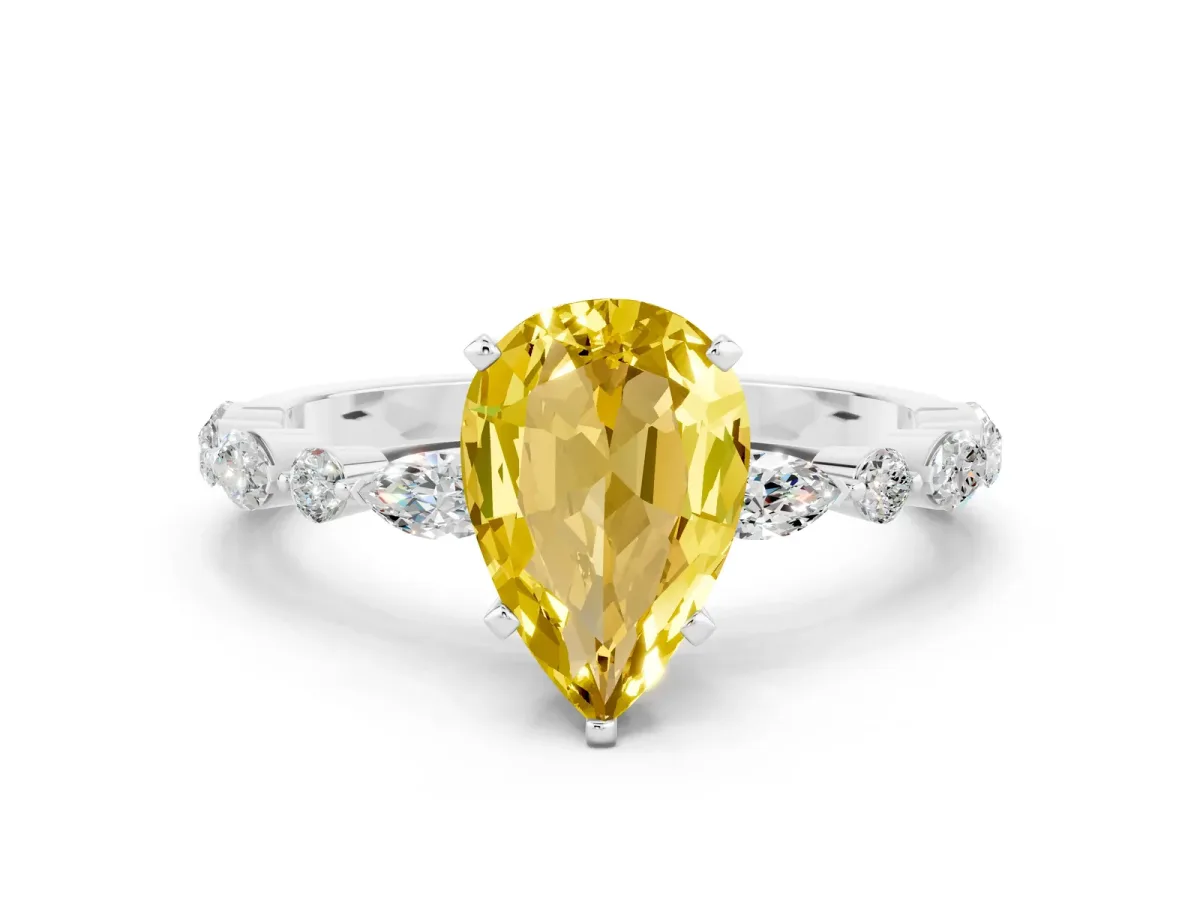 Pear Cut Yellow Sapphire Ring with Marquise and Round Side Stones and Four-Prong Setting Silver