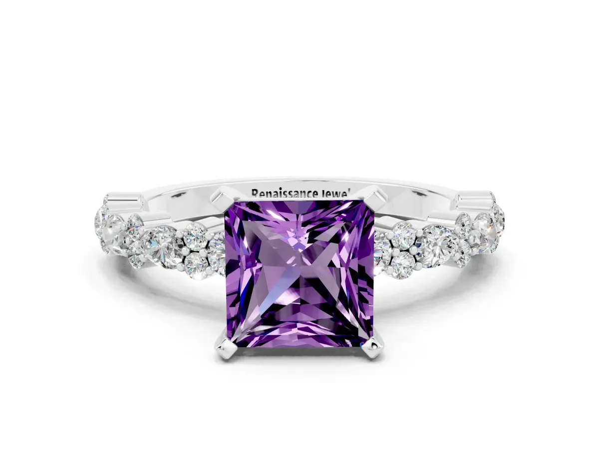 Princess Cut Amethyst Side Stone Solitaire Ring with Round and Four-Prong Setting Silver
