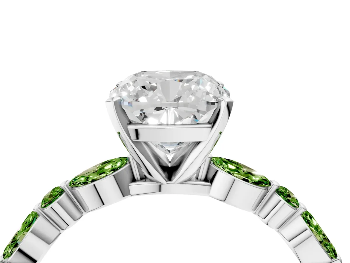 Cushion Cut Diamond Ring with Marquise and Round Peridot Side Stones and Four-Prong Setting Silver