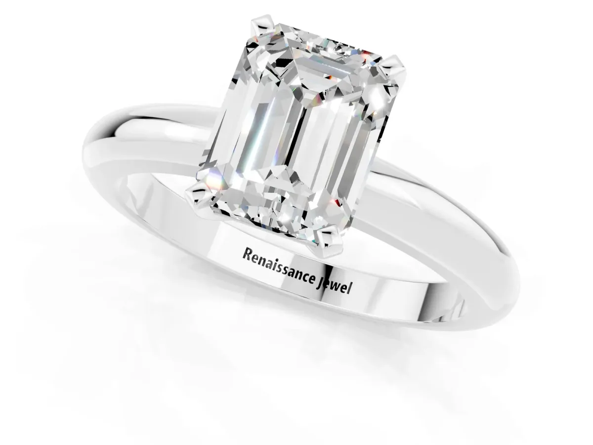 Emerald Cut Moissanite Solitaire Engagement Ring with Round Band and Four-Prong Setting Platinum