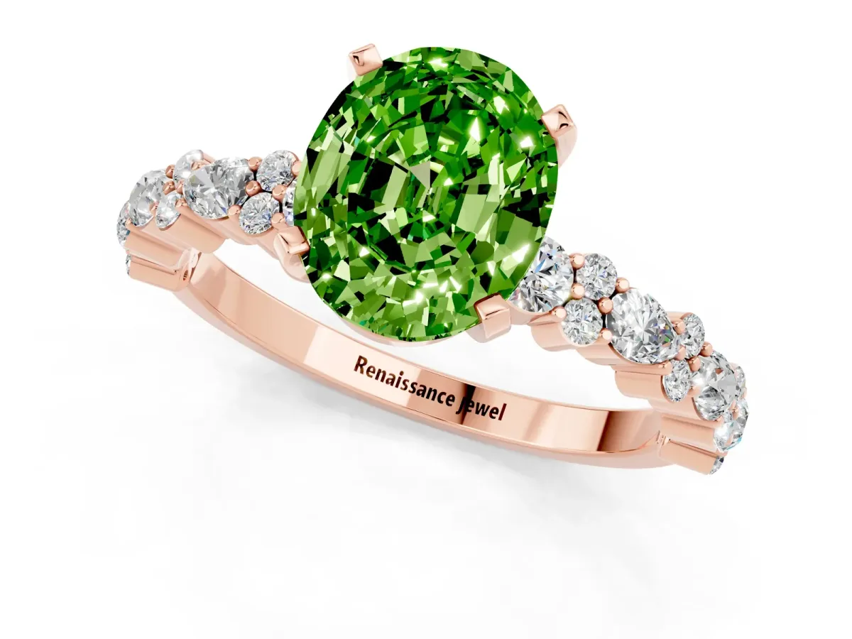 Oval Cut Peridot Side Stone Solitaire Ring with Round and Four-Prong Setting Rose gold